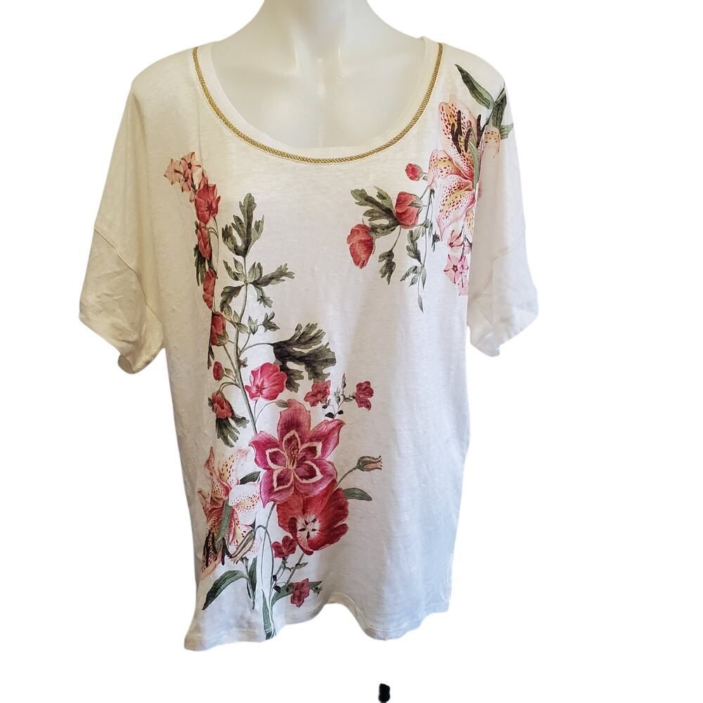 Chico's Size 3-XL 100% Linen Tropical Floral Vacation Sweater Trim Tee Shirt